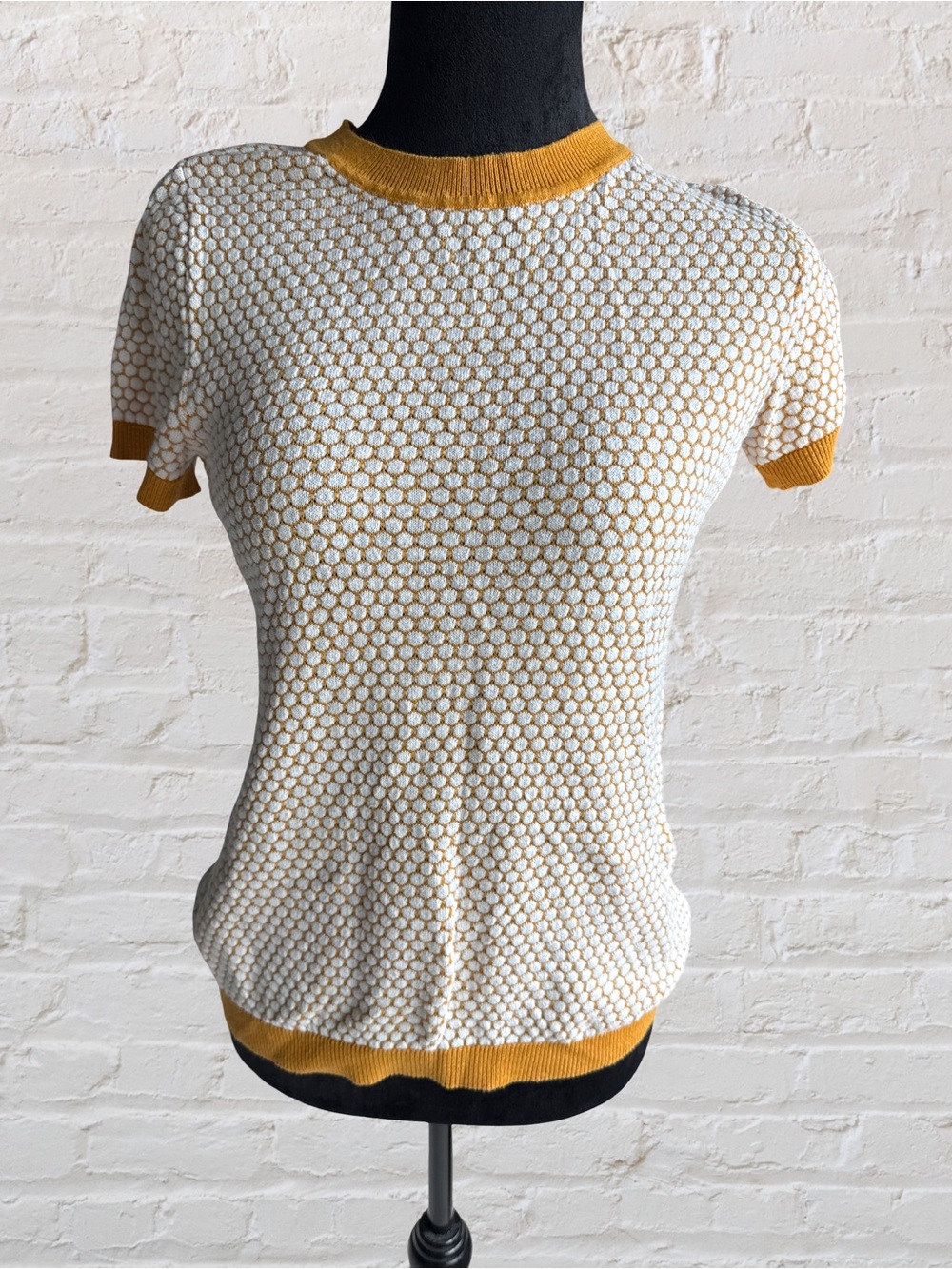 Maison Jules White Short-Sleeve Honeycomb Knit Top with Yellow Trim